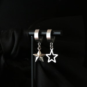 Dangly Stainless Steel Earrings, Star Drop Earrings, Y2K Alt Earrings, Cute Minimalist Hoops, Hollow Star, Solid Star, Mixed Pair Option