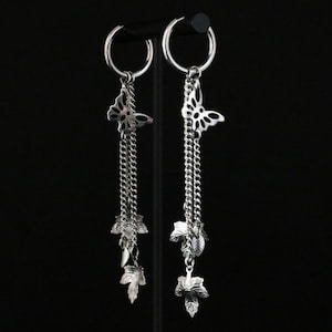 Kawaii Butterfly Dangly Titanium Earrings - Y2K Butterfly Layered Chain Punk Earrings - Silver Earrings - Handmade Emo Punk Rock Earrings