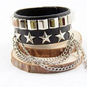 Studded Punk Rock Genuine Leather Hand Stitched Bracelet - Studded Biker Goth Rivet Bracelet Cuff - Genuine Leather Emo Punk Bracelet Cuff