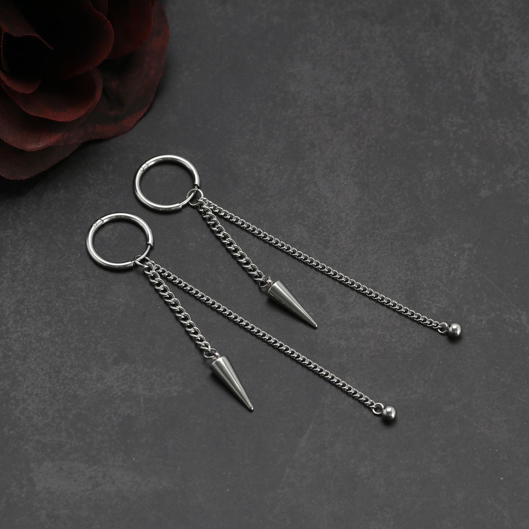 Dangly Stainless Steel Earrings – Alt Punk Emo Goth Chain Earrings – Y2K Minimalist Silver Hoops – Dual Pendant Design – Spike & Orb Dangles - Etsy Japan