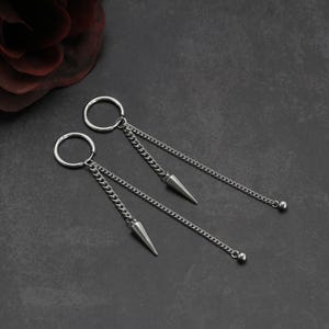 Dangly Stainless Steel Earrings – Alt Punk Emo Goth Chain Earrings – Y2K Minimalist Silver Hoops – Dual Pendant Design – Spike & Orb Dangles