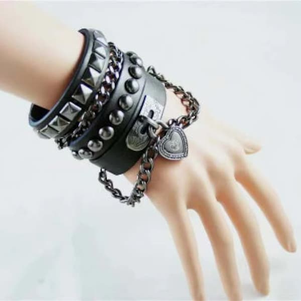 Studded Punk Rock Genuine Leather Hand Stitched Bracelet - Studded Biker Goth Rivet Bracelet Cuff - Genuine Leather Emo Punk Bracelet Cuff