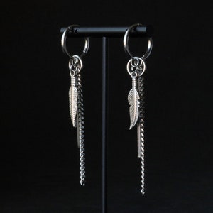Dangly Stainless Steel Earrings, Feather Chain Earrings, Tribal Punk Earrings, Alt Goth Punk Jewelry, Long Drop Silver Hoops, Y2K Earrings