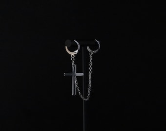 Y2k Kpop Grunge Titanium Connected Earrings - Emo Dangly Cross Chain Earrings - Stainless Steel Double Piercing Earrings - Silver Earrings