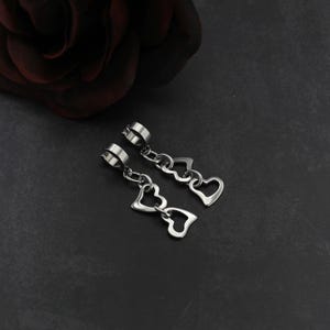 Boucles d&#39;oreilles pendantes en acier inoxydable, Boucles d&#39;oreilles double coeur de l&#39;an 2000, Boucles d&#39;oreilles Alt Cute, Créoles en argent, Bijoux grunge, Pendentif coeur creux