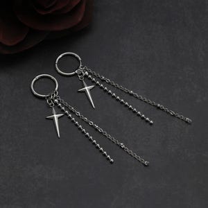 Handmade 4-Pointed Star Charm Dangly Titanium Earrings - Y2K Layered Chained Earrings - Silver Earrings - Alternative Emo Punk Rock Earrings