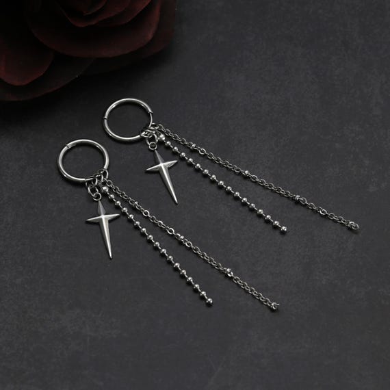 Dangly Stainless Steel Earrings – Four-Point Star Earrings – Dual Chain Earrings – Y2K Alt Emo Punk Jewelry – Silver Spike Statement