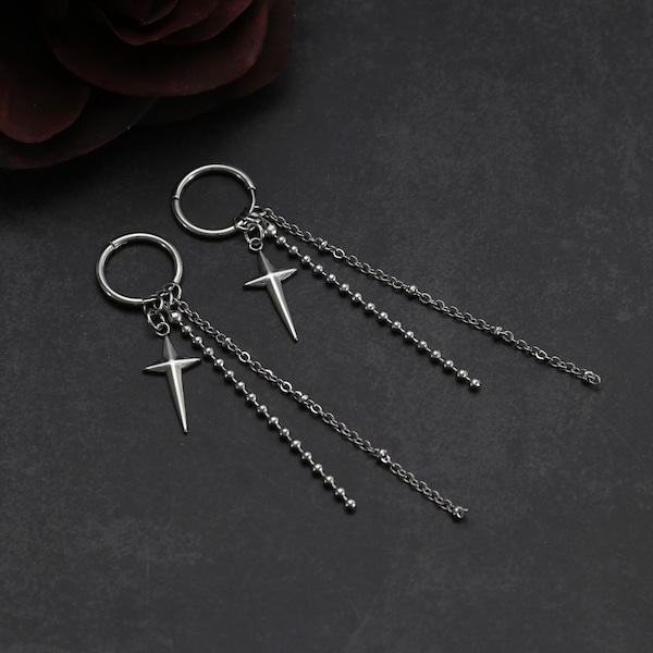 Pendientes colgantes de acero inoxidable – Pendientes de estrella de cuatro puntas – Pendientes de doble cadena – Joyería punk emo alternativa Y2K – Detalle de punta plateada