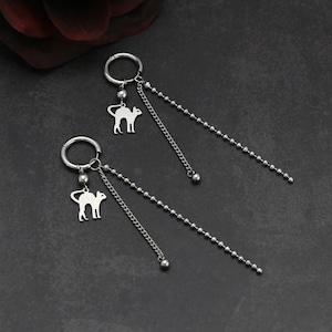 Kawaii Cat Charm Dangly Titanium Earrings - Y2K Kitty Cat Layered Chain Punk Earrings - Silver Earrings - Handmade Emo Punk Rock Earrings
