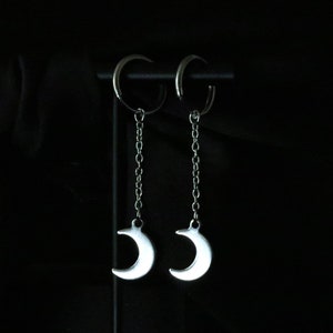 Crescent Moon Earrings | Stainless Steel Hoop Earrings | Dangle Chain Earrings | Gothic Punk Jewelry | Y2K Alt Style | Celestial Jewelry