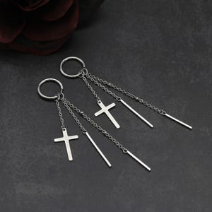 Cross Dangle Earrings, Bar Chain Earrings, Stainless Steel Hoops, Triple Chain Earrings, Alt Goth punk Emo Jewelry, Y2K Dangly Earrings