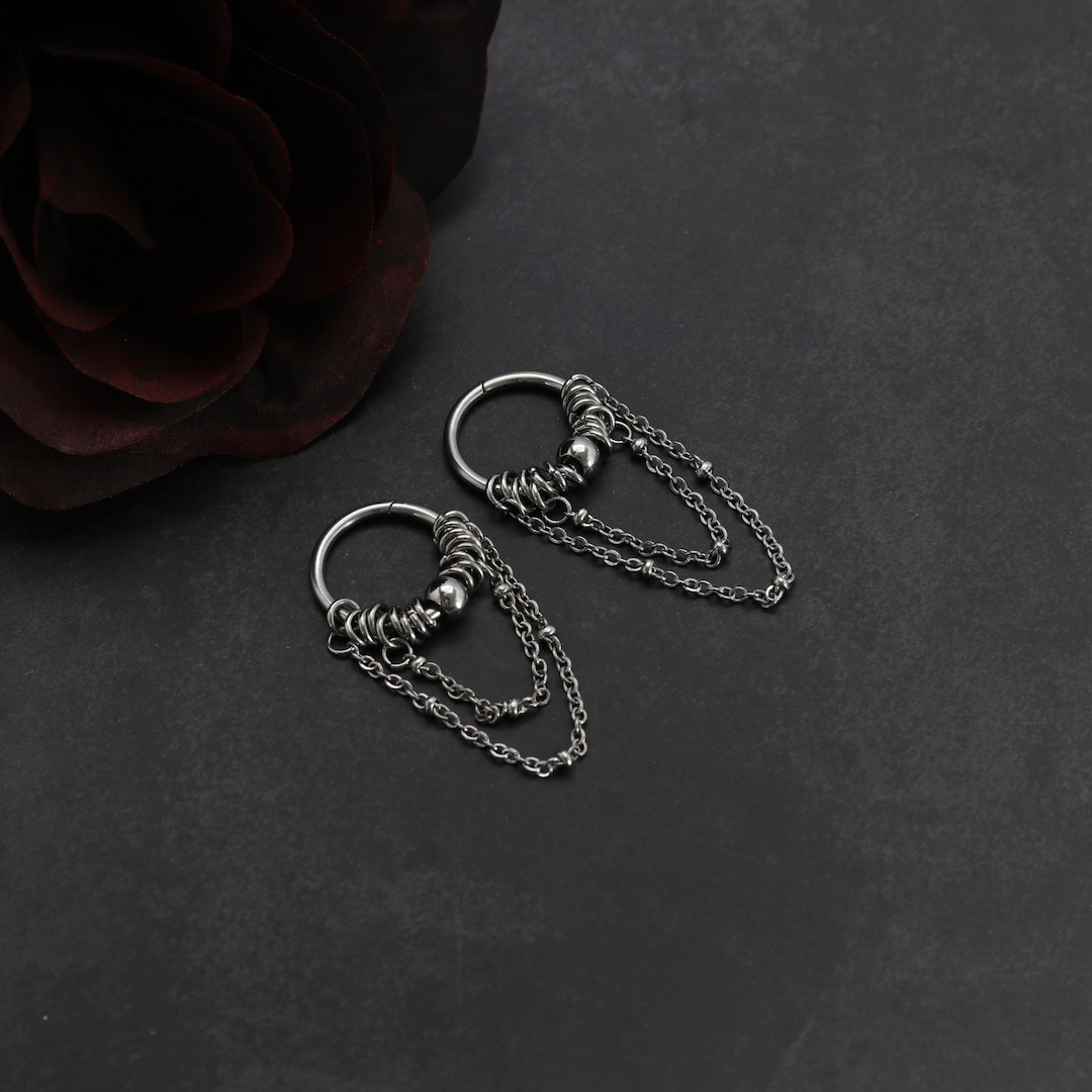 Y2K Alt Goth Punk Emo Chain Earrings, Dangly Stainless Steel Hoops, Minimalist Double Chain Design, Silver Earrings, Small or Large Size - Etsy Japan