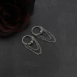 Y2K Alt Goth Punk Emo Chain Earrings, Dangly Stainless Steel Hoops, Minimalist Double Chain Design, Silver Earrings, Small or Large Size