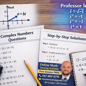 Op de afbeelding: Afbeelding van een wiskundeles met complexe getallenproblemen en oplossingen. Bevat een rekenmachine, potlood en een notitieboek met handgeschreven vergelijkingen. De afbeelding bevat ook een grafiek en de tekst "Professor Inan".