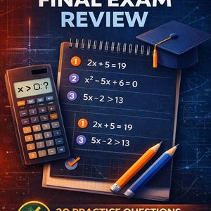 Può includere: Riesame dell'esame finale di Algebra 2 con domande pratiche. L'immagine presenta una calcolatrice, un cappello di laurea e un quaderno con equazioni matematiche. Sono visibili anche due matite e il testo "20 Domande Pratiche + Chiave di Risposta Inclusa".