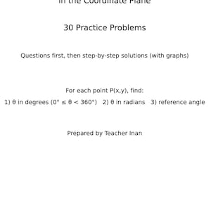 May include: A white page with the title "ANGLE MEASURES" and the subtitle "in the Coordinate Plane." It includes 30 practice problems, with questions and step-by-step solutions. The problems involve finding angles in degrees and radians.