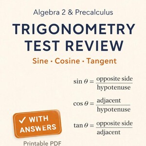 Algebra 2 & Precalculus Trigonometry Worksheet with Answers | Sine Cosine Tangent Practice | Trig Test Review | Printable Math PDF