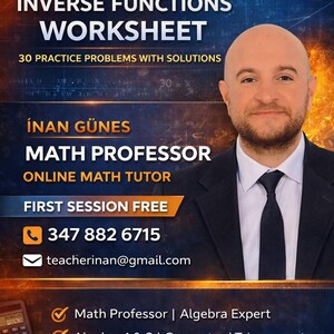 Folha de exercícios de funções inversas de Álgebra 2 | 30 problemas práticos com soluções | Domínio e imagem | Matemática do Ensino Médio (PDF)