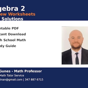 Op de afbeelding: Afbeelding met de tekst "Algebra 2 Review Worksheets with Solutions". Bevat een foto van een man in pak en stropdas. De tekst bevat ook "Printbare PDF", "Direct downloaden", "High School Math" en "Studiegids".