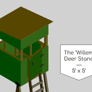 May include: A green wooden deer stand with a brown roof and a ladder. The stand is 5 feet by 5 feet and is called "The 'Willem' Deer Stand".