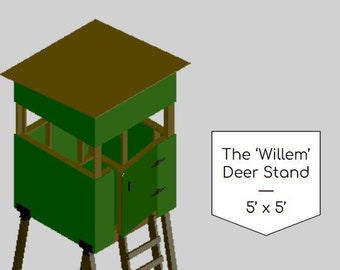 May include: A green wooden deer stand with a brown roof and a ladder. The stand is 5 feet by 5 feet and is called "The 'Willem' Deer Stand".
