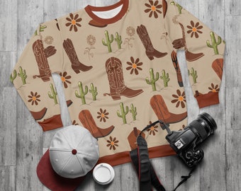 Unisex Western Theme Sweatshirt (AOP),All Over Print Cowboy Boot Pattern Sweatshirt,Western Pattern Sweatshirt,AOP Sweatshirt