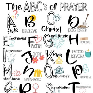 May include: A colorful alphabet chart with illustrations depicting words related to prayer. The chart features words like "Ask", "Believe", "Christ", "Dig Deep", "Eucharist", "Faith", "Gratitude", "Healing", "Intercession", "Joy", "Kirk", "Lectio Divina", "Mindfulness", "Neighbors", "Openness", "Promise", "Quiet", "Reflection", "Supplication", "Transformation", "Unlimited", "Voice", "Worship", "Exaltation", "Yell", and "Zeal".
