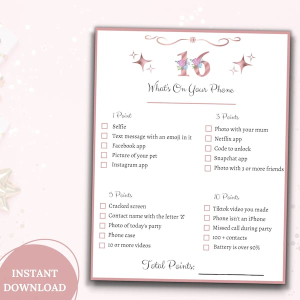 Sweet Sixteen Game|Printable Sweet 16 Birthday Party Game|Birthday Games for Her|What's On Your Phone|Teenager Birthday Game