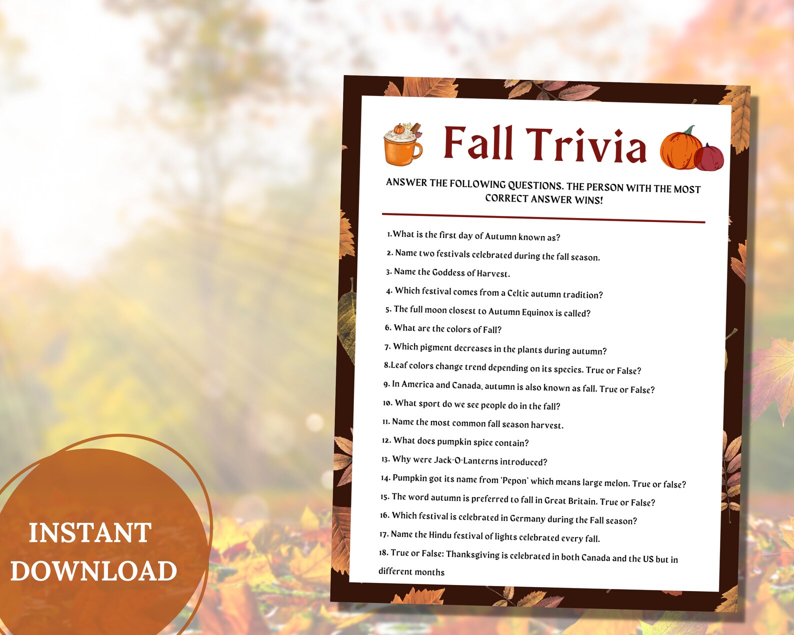Fall Trivia Game Printable Autumn Gamefall Time Activities - Etsy Australia