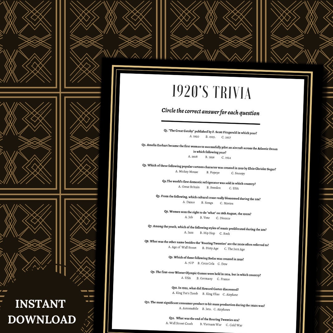 1920s Trivia Printable Gameroaring 20s Games80s Party Game1920s Themed ...
