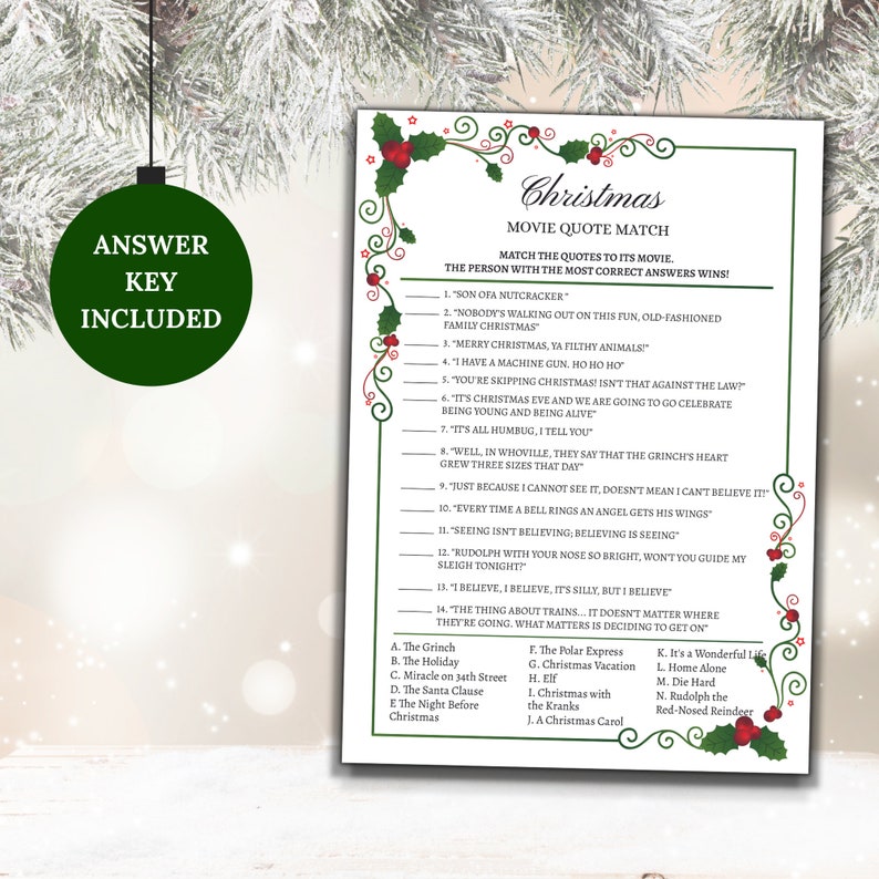 Christmas Printable GameChristmas Movie Quotes TriviaChristmas Trivia GameChristmas Family GameHoliday Party GameAdult Christmas Game image 1