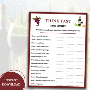 Wine Game|Think Fast Game|Wine Party Game|Wine Themed Game|Printable Wine Game|Wine Tasting Party Game|Adult Icebreaker Game