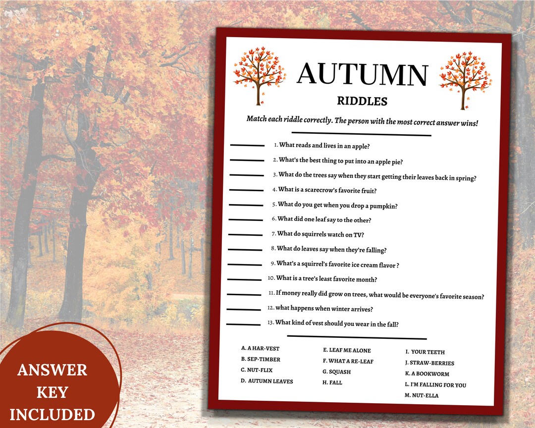 Autumn Riddles Printable Autumn Printable Party Gamesautumn Fall Riddles Game fall - Etsy UK
