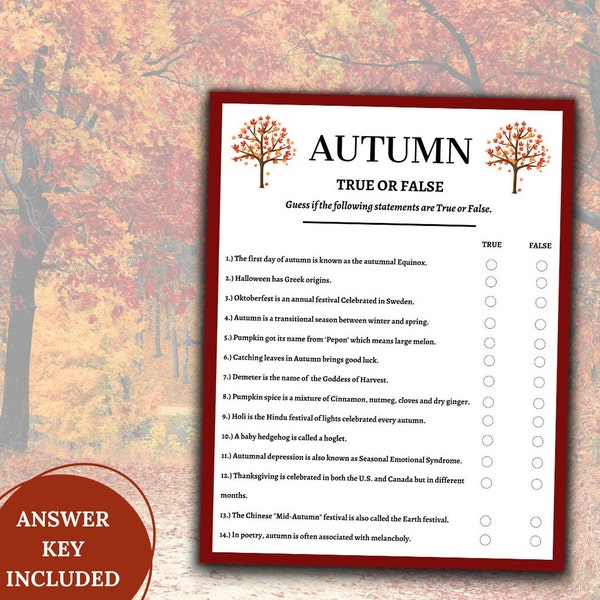 Autumn Printable Party Games|Autumn Trivia|Autumn True or False Game|Fall Party Game|Fall Activities for Adults & Kids|Thanksgiving Games