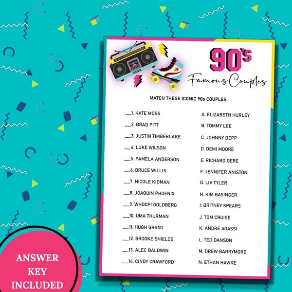 90s Party Games|90s Printable Games| 90s Birthday Party Games|90s Themed Party Games|90s Trivia Game|90s Famous Couples Match