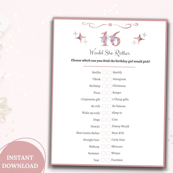 Sweet Sixteen Game|Printable Sweet 16 Birthday Party Game|Birthday Games for Her|Would She Rather|16th Birthday Game|Teenager Birthday Game