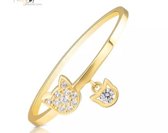CZ Cat Ring with Hanging Cat Charm in Solid 925 Sterling Silver and 14K Gold Plating