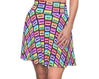 Neon High Waisted Skater Skirt Dress, Retro Mini Skirt Outfit, Short Skirts For Women, Cute Summer Skirt Party Wear 80s Dress Disco Cassette