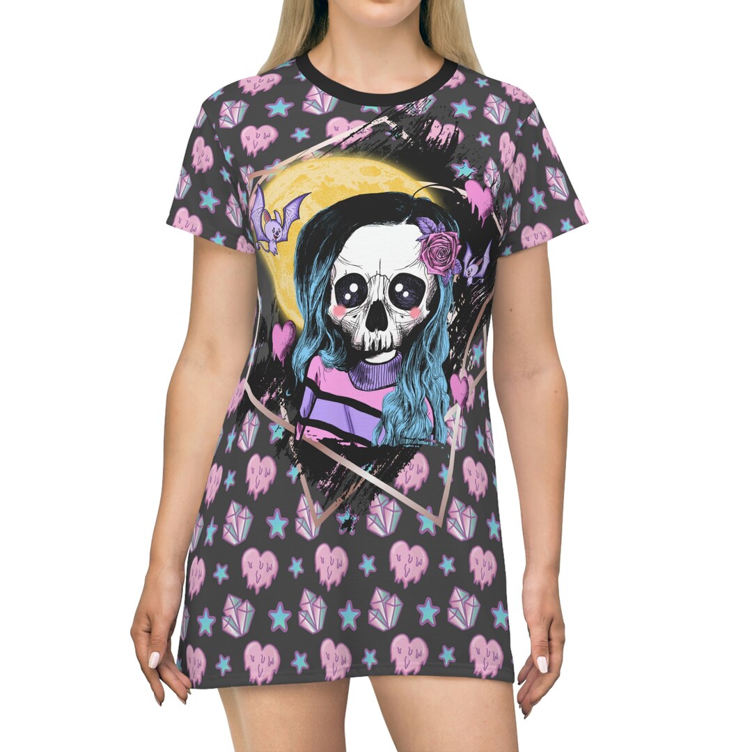 Pastel Goth T Shirt Dress Skull Tshirt Dress Casual Outfits Gifts for