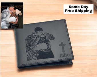 Personalized Leather Photo Wallet, Engraved Full-Grain Bifold, RFID Blocking
