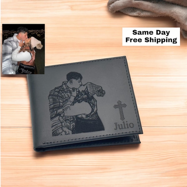 Personalized Leather Photo Wallet, Engraved Full-Grain Bifold, RFID Blocking