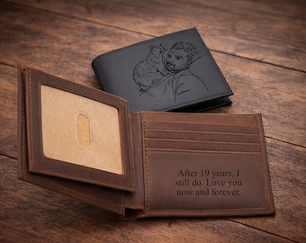 Personalized Dad Birthday Gift for Him, Leather Photo Wallet, Custom Engraved Bifold RFID Wallet