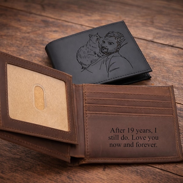 Personalized Dad Birthday Gift for Him, Leather Photo Wallet, Custom Engraved Bifold RFID Wallet