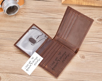 Personalized Leather Mens Wallet,Fathers Day Gift for Dad,Him Boyfriend, Engraved Handwriting Wallet