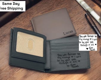 Personalized Leather Mens Wallet, Gift for Anniversary, Graduation, Dad, Boyfriend, Him, Husband, Father, Handwriting Engraved Custom Wallet