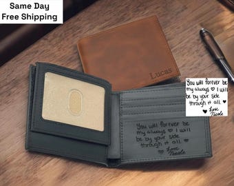 Personalized Leather Mens Wallet, Gift for Anniversary, Graduation, Dad, Boyfriend, Him, Husband, Father, Handwriting Engraved Custom Wallet