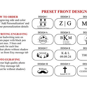 May include: Image showcasing preset front designs for engraving, including initials, names, and logos. Instructions for ordering, handwriting engraving, and photo engraving are also provided. Designs include a mountain, a fish, and a cross.