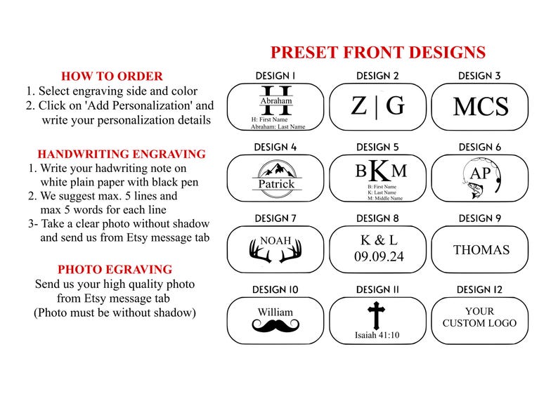 May include: Image showcasing preset front designs for engraving, including initials, names, and logos. Instructions for ordering, handwriting engraving, and photo engraving are also provided. Designs include a mountain, a fish, and a cross.