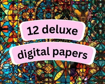 Digital Paper | Stained Glass - Scrapbook Set (12 tiling digital papers) | Printable Pattern