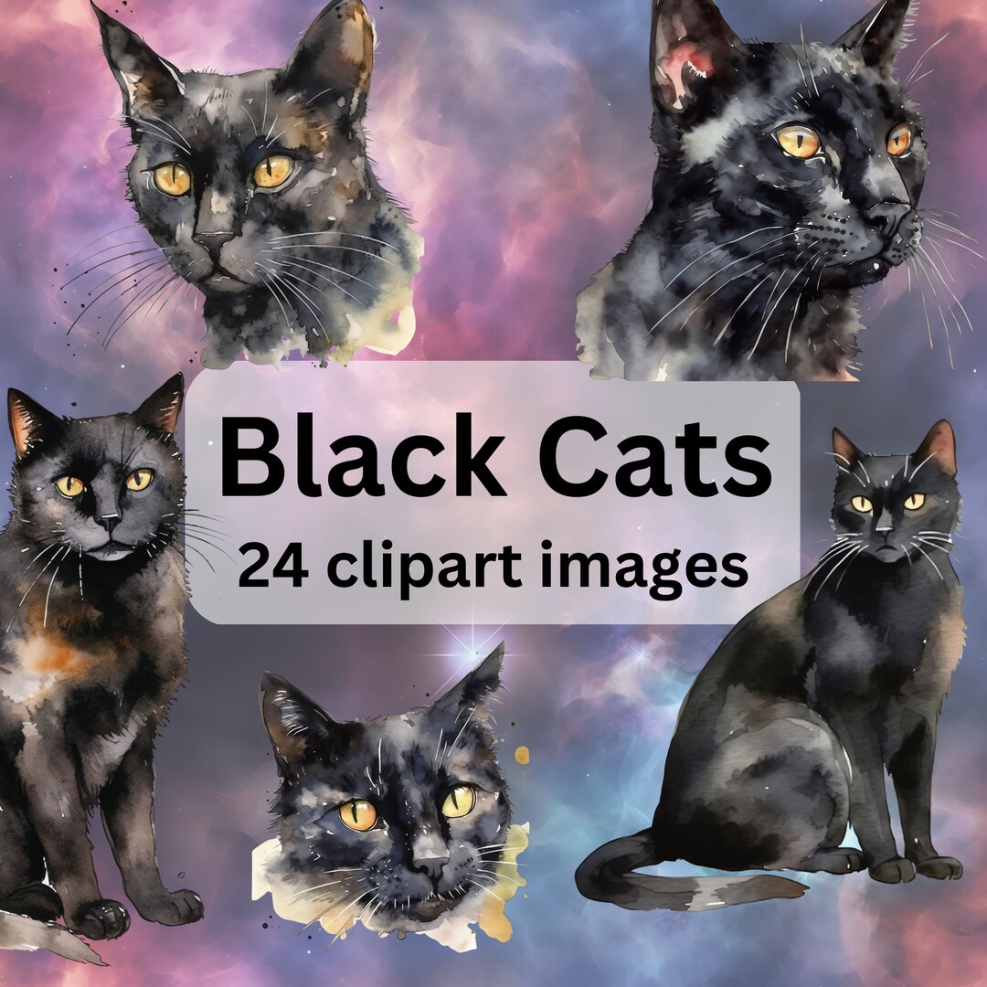 Watercolor Black Cat Clipart | Closeup and Sitting Images | Digital ...